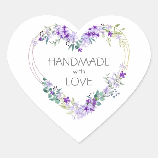 Purple Handmade with Love Quote Floral Heart ハートシール (正面)