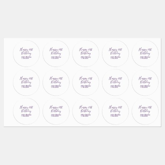 Purple happy 21th birthday name date Keychain ラベル (シート)