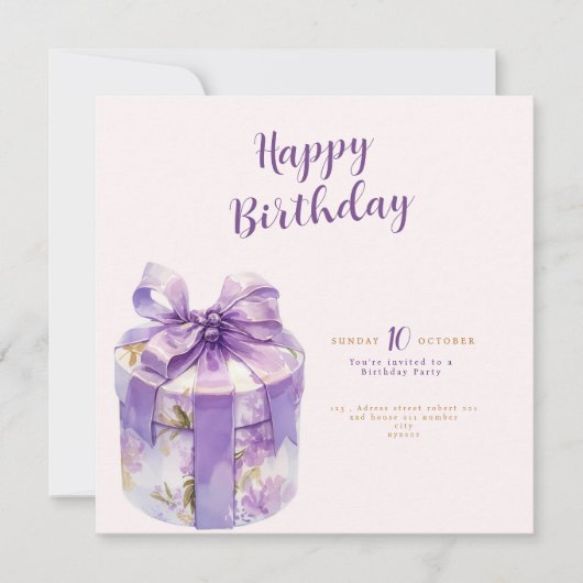 purple Happy birthday Gift box invitation 招待状 (正面)