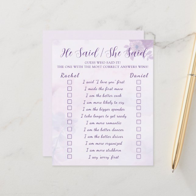 Purple He Said She Said Bridal Shower Game (正面/裏面インサイチュ)
