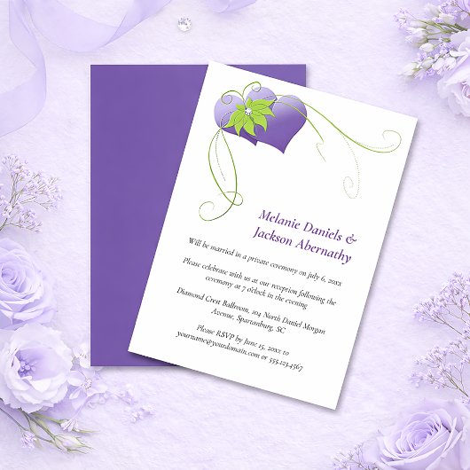 Purple Hearts - Green Floral Swirls Reception Only 招待状