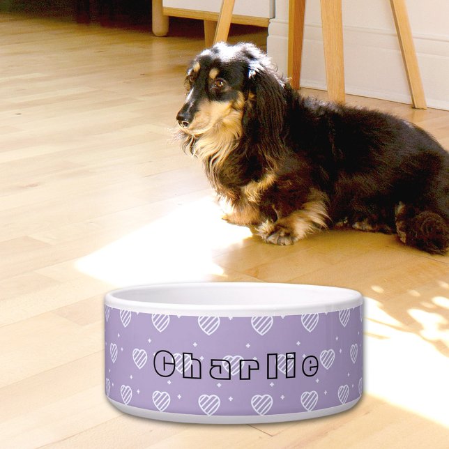 Purple Hearts Pattern Ceramic Pet Bowl ボウル (クリエイターアップロード済み)