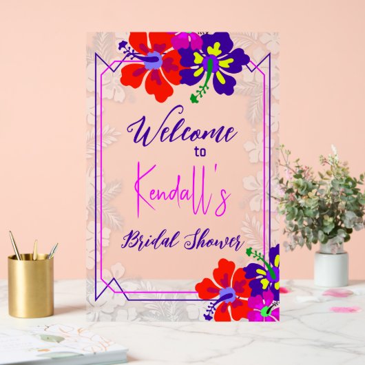 Purple Hibiscus Bridal Shower Welcome アクリルサイン (ウェディング)
