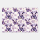 Purple Highland Cow Floral Checkered ラッピングペーパーシート (正面3)