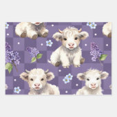 Purple Highland Cow Floral Checkered ラッピングペーパーシート (正面2)