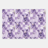 Purple Highland Cow Floral Checkered ラッピングペーパーシート (正面)