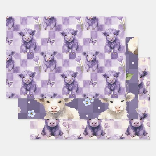 Purple Highland Cow Floral Checkered ラッピングペーパーシート (セット)