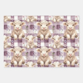 Purple Highland Cow Flowers Gingham Checkered ラッピングペーパーシート (正面3)