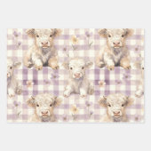 Purple Highland Cow Flowers Gingham Checkered ラッピングペーパーシート (正面2)