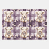 Purple Highland Cow Flowers Gingham Checkered ラッピングペーパーシート (正面)