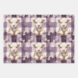 Purple Highland Cow Flowers Gingham Checkered ラッピングペーパーシート
