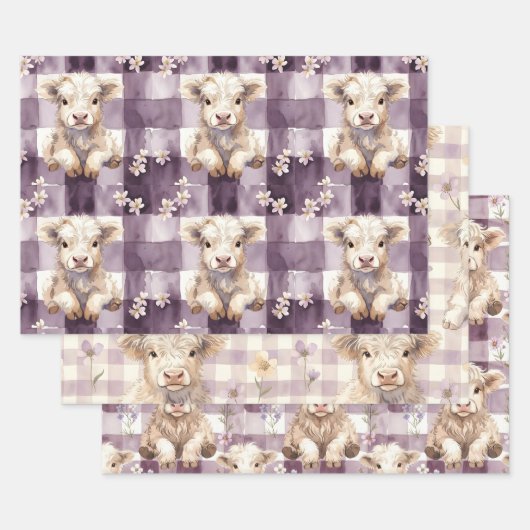 Purple Highland Cow Flowers Gingham Checkered ラッピングペーパーシート (セット)