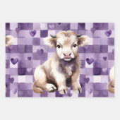 Purple Highland Cow Gingham Aesthetic ラッピングペーパーシート (正面3)