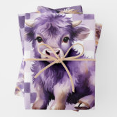 Purple Highland Cow Gingham Aesthetic ラッピングペーパーシート (インサイチュ)