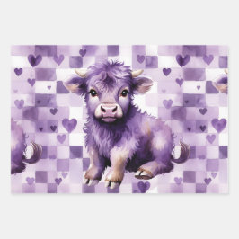 Purple Highland Cow Gingham Aesthetic ラッピングペーパーシート