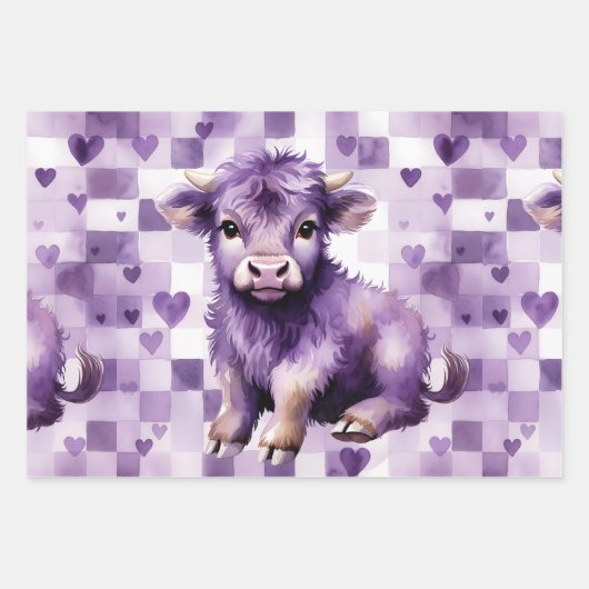 Purple Highland Cow Gingham Aesthetic ラッピングペーパーシート (正面)