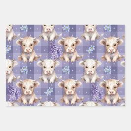 Purple Highland Cow Gingham Lilac Aesthetic ラッピングペーパーシート