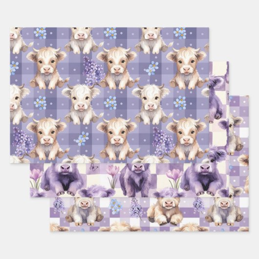 Purple Highland Cow Gingham Lilac Aesthetic ラッピングペーパーシート (セット)