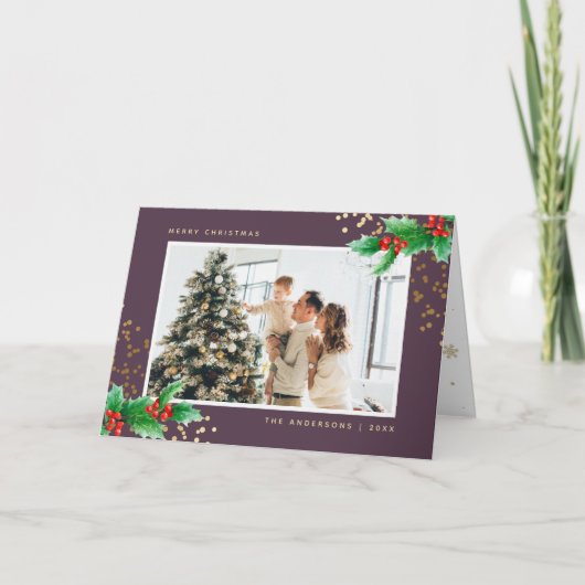 Purple Holly Berries Photo Merry Christmas Card シーズンカード (正面)