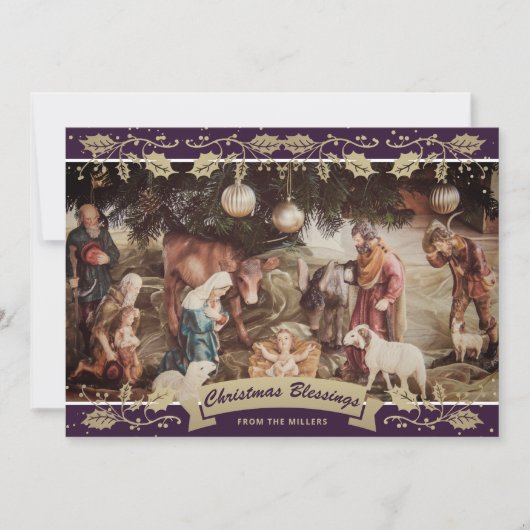 Purple Holly Nativity Scene Christian Christmas シーズンカード (正面)