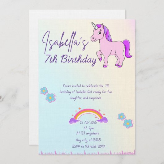 Purple horse and rainbow theme 招待状 (正面/裏面)