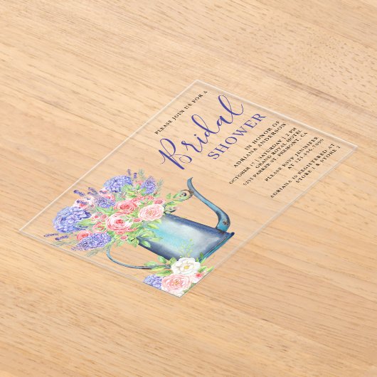 Purple Hydrangea Blush Pink Roses Bridal Shower アクリル招待状 (レイダウン)