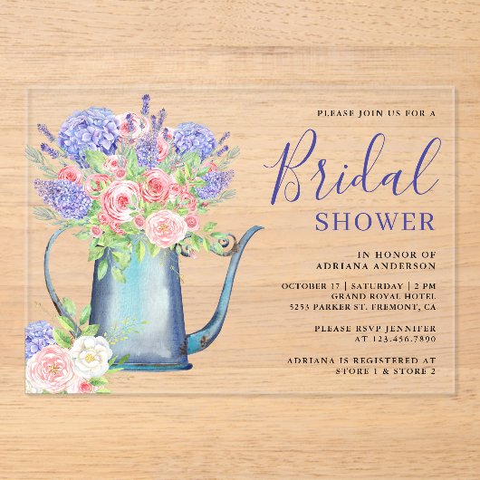 Purple Hydrangea Blush Pink Roses Bridal Shower アクリル招待状 (正面)