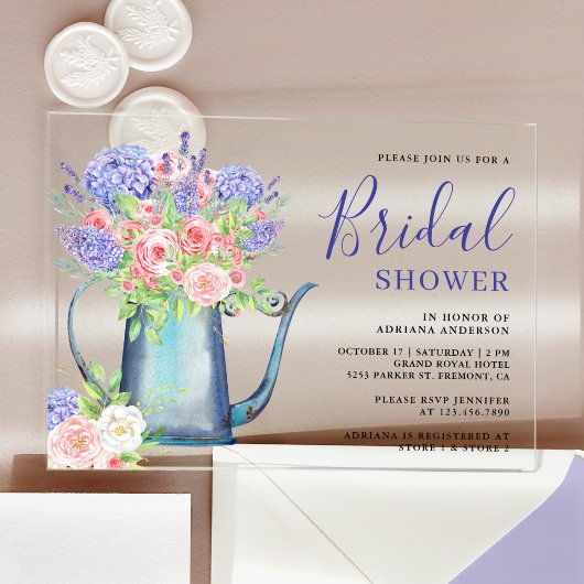 Purple Hydrangea Blush Pink Roses Bridal Shower アクリル招待状