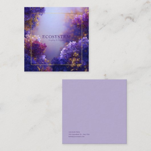 Purple Hydrangea Gold Frame Floral Elegant スクエア名刺 (正面/裏面)