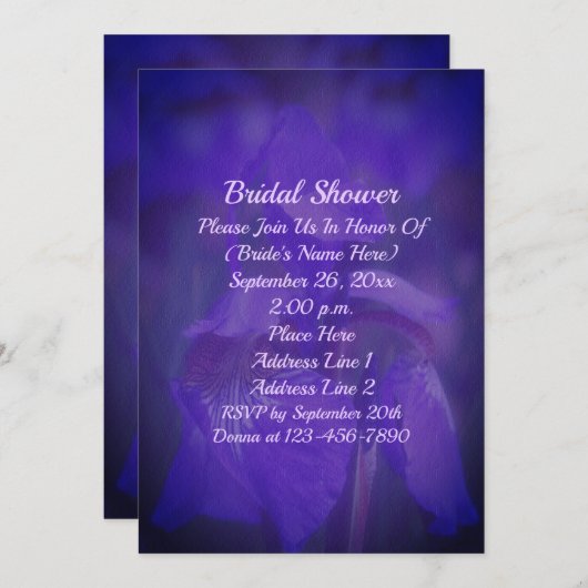 Purple Iris Flower Bridal Shower 招待状 (正面/裏面)