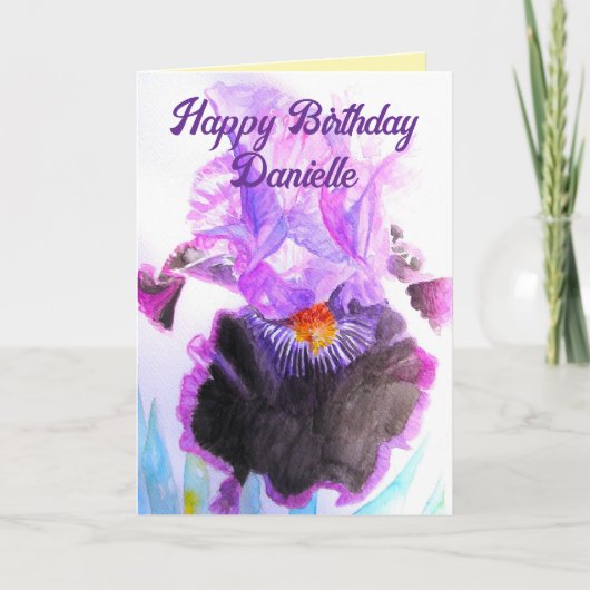 Purple Iris Watercolor Flower Floral Birthday カード (正面)