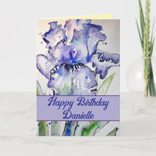 Purple Iris Watercolor Flower Floral Birthday カード (正面)