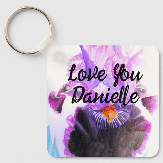 Purple Iris Watercolor Flower Floral Birthday キーホルダー (正面)