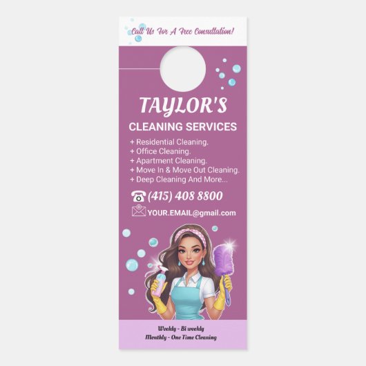 Purple Janitorial Lady House Cleaning Service ドアノブサイン (正面)