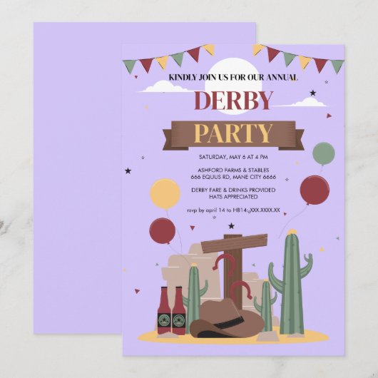 Purple Kentucky Derby Party Invitation - Rustic We 招待状 (正面/裏面)