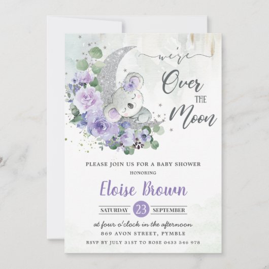 Purple Koala私たちは月の女の子の赤ちゃんシャワー上にいる 招待状 (正面)
