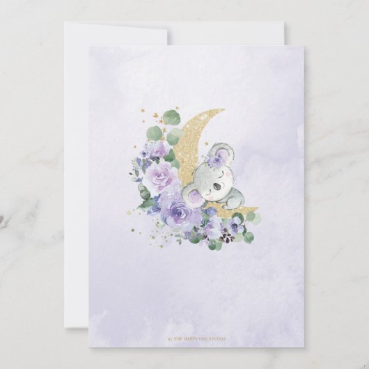 Purple Koala私たちは月の女の子の赤ちゃんシャワー上にいる 招待状 (裏面)