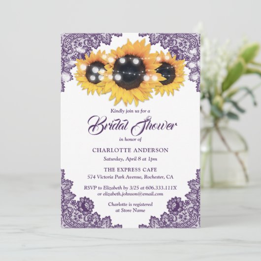 Purple Lace Sunflower String Lights Bridal Shower 招待状 (スタンド正面)