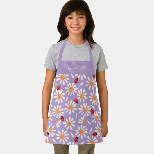 Purple Ladybugs & Daisies Personalized Kids エプロン (インサイチュ)