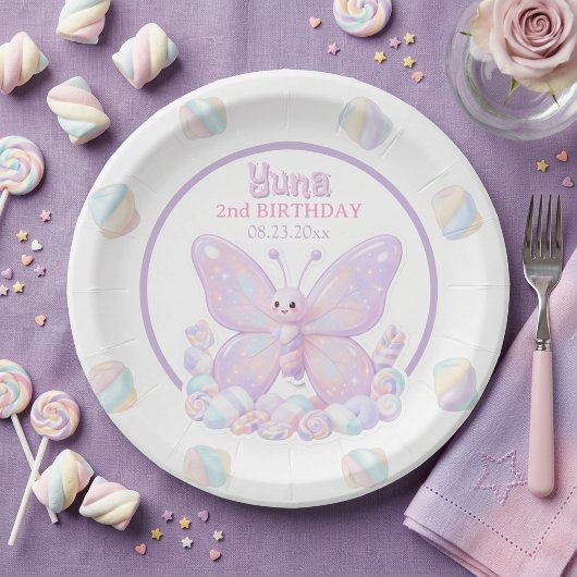 Purple Lavender Butterfly Birthday ペーパープレート