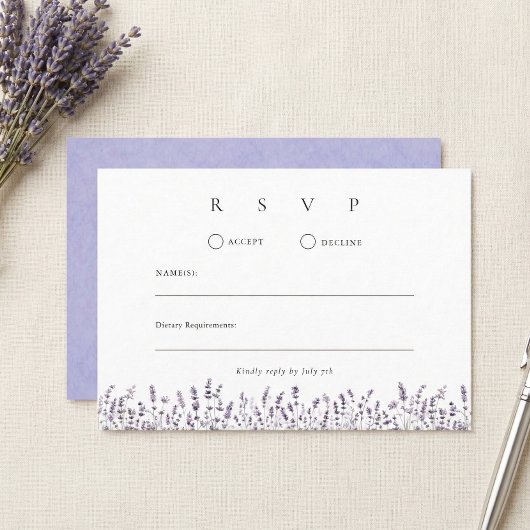 Purple Lavender Elegant Floral Wedding 出欠カード