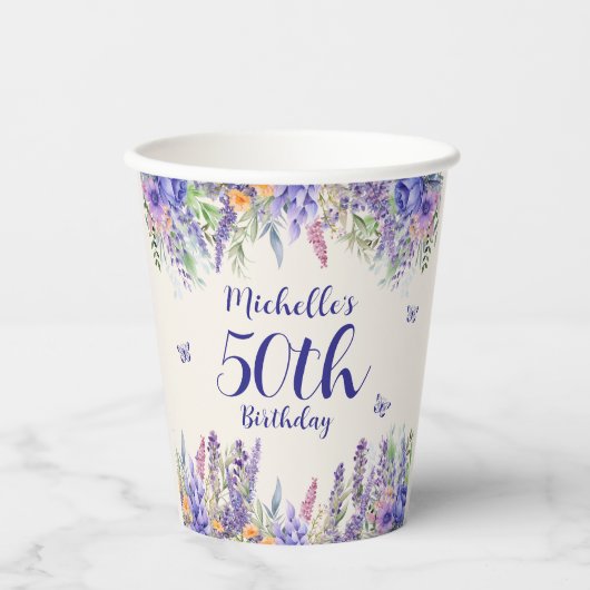 Purple Lavender Floral 50th Birthday 紙コップ (正面)