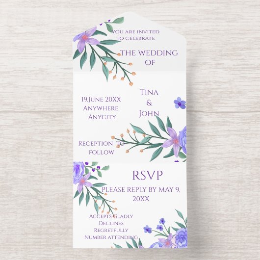 Purple Lavender Floral Botanical All-In-One Foil W オールインワン招待状 (内側)