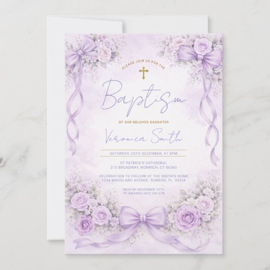Purple Lavender Floral Bow Christening Invite 招待状 (正面)