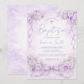 Purple Lavender Floral Bow Christening Invite 招待状 (正面/裏面)