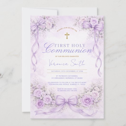 Purple Lavender Floral Bow First Holy Communion 招待状 (正面)