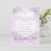 Purple Lavender Floral Bow First Holy Communion 招待状 (スタンド正面)