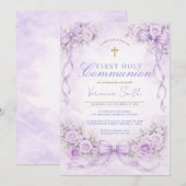 Purple Lavender Floral Bow First Holy Communion 招待状 (正面/裏面)