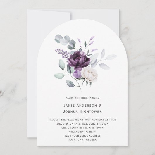 Purple & Lavender Floral Eucalyptus Wedding 招待状 (正面)