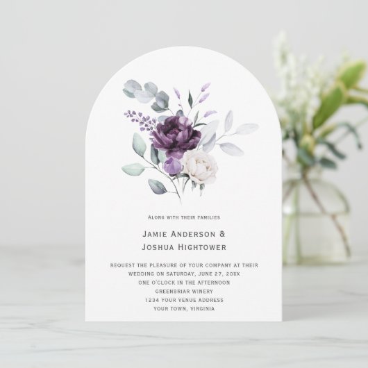 Purple & Lavender Floral Eucalyptus Wedding 招待状 (スタンド正面)